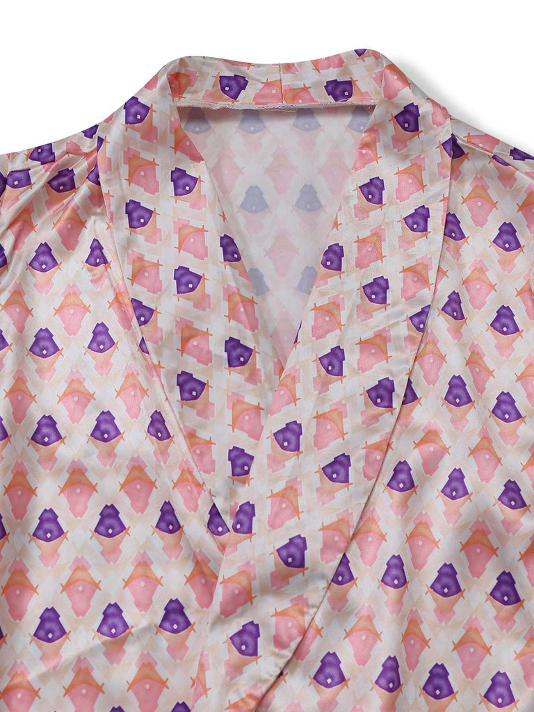 2PCS Pink 1930s Printed Puff Sleeve Belted Blazer & Pants