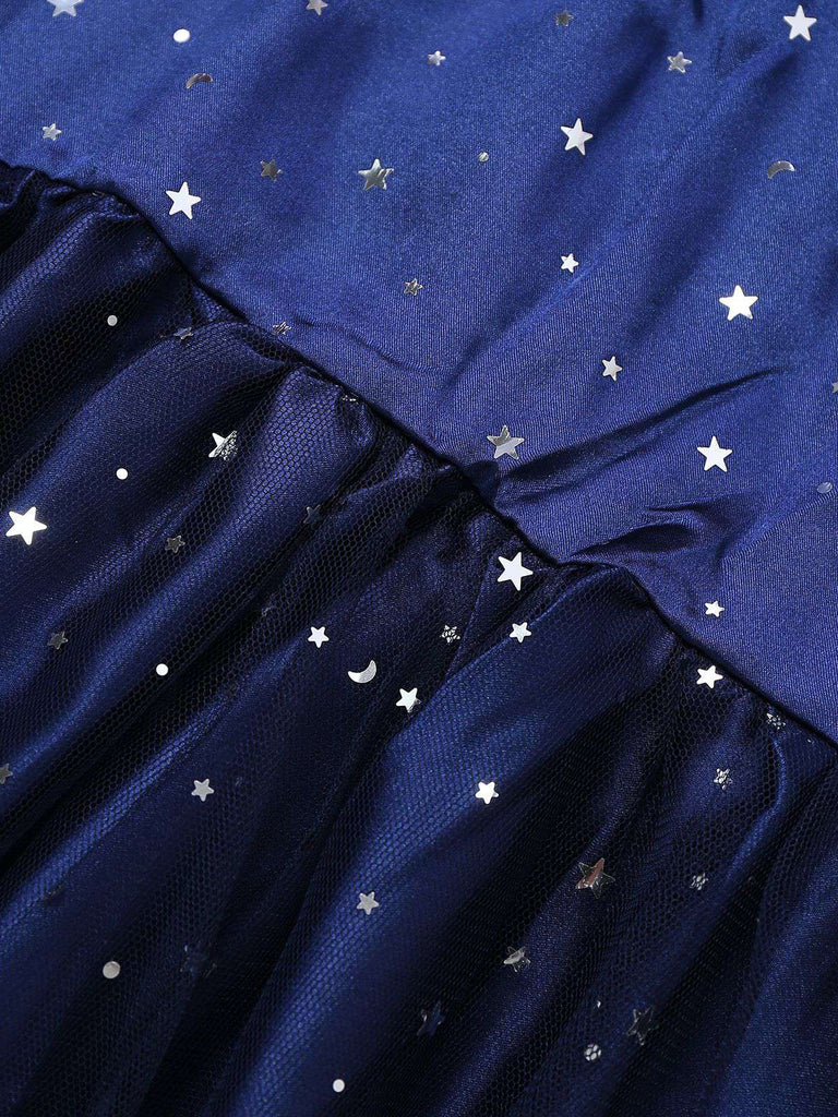 Blue 1970s Halloween Starry Witch Tulle Costume Dress