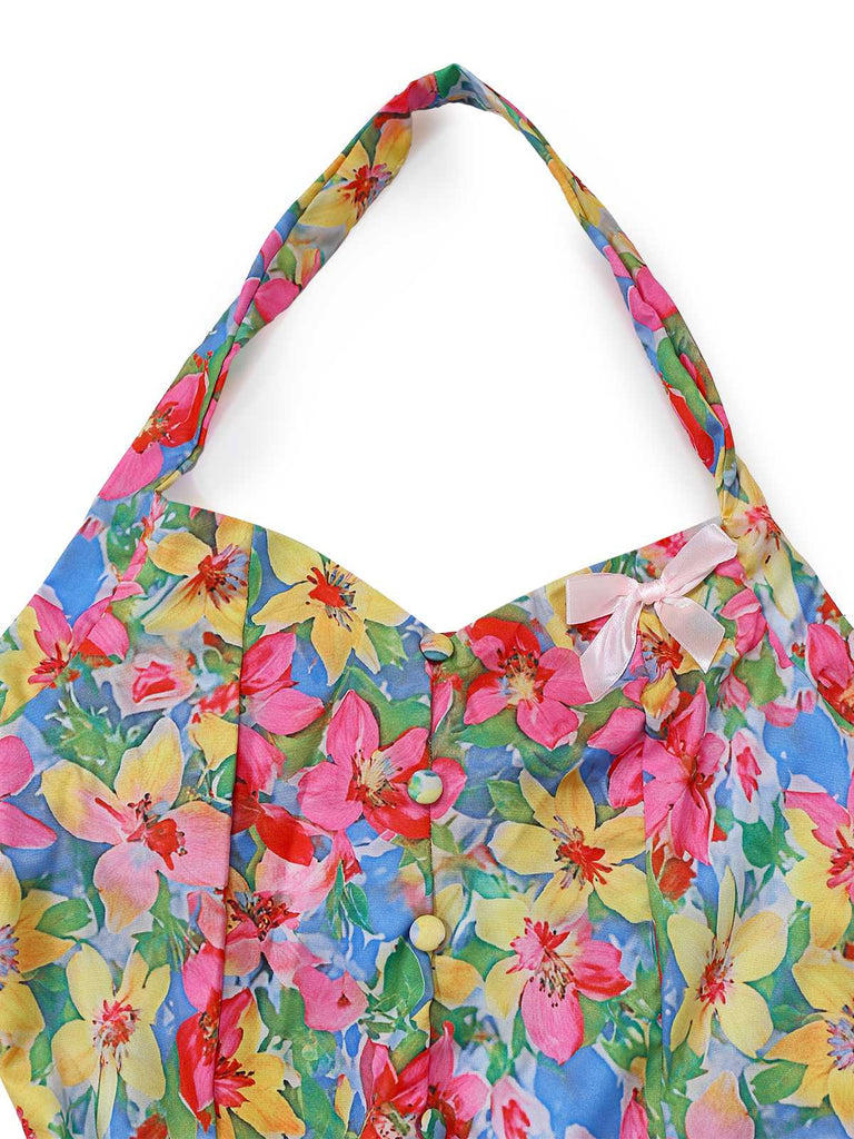 Multicolor 1960s Halter Floral Bow Heart Dress
