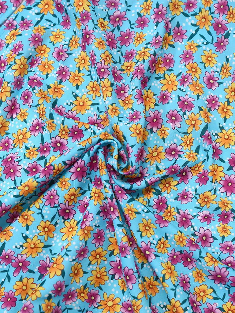 Blue 1960s Daisy Floral V-Neck Slit Short Dress