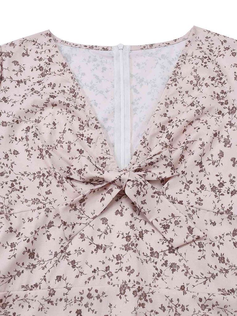 Multicolor 1940s Floral V-Neck Irregular Ruffle Hem Dress