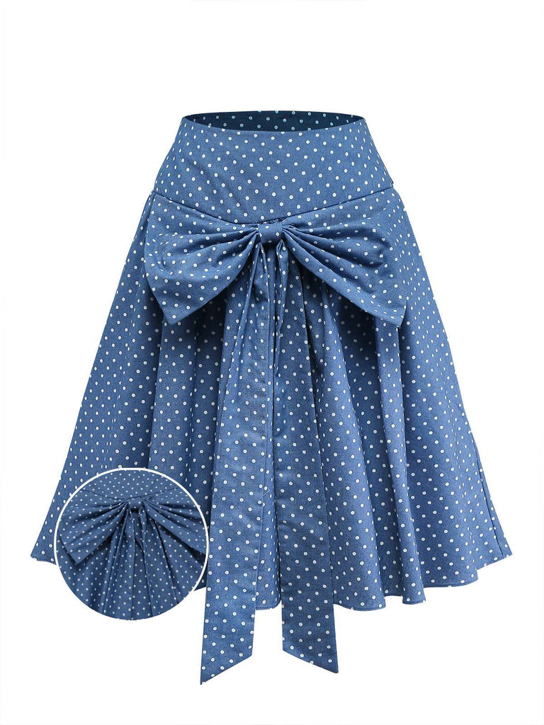 [Pre-Sale] Blue 1940s Denim Polka Dot Bow Pleated Skirt