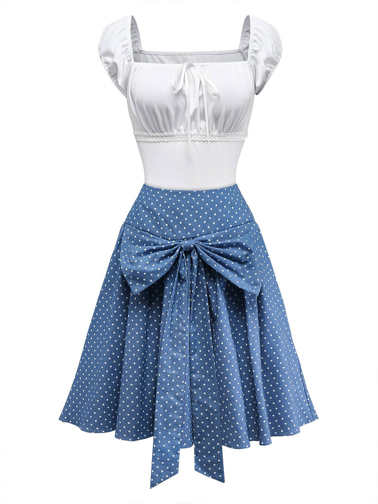 [Pre-Sale] 2PCS White & Blue 1940s Lace Ruched Top & Denim Bow Skirt