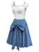 [Pre-Sale] 2PCS White & Blue 1940s Lace Ruched Top & Denim Bow Skirt
