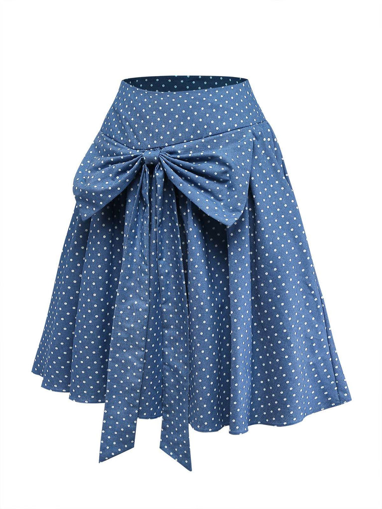 [Pre-Sale] 2PCS White & Blue 1940s Lace Ruched Top & Denim Bow Skirt