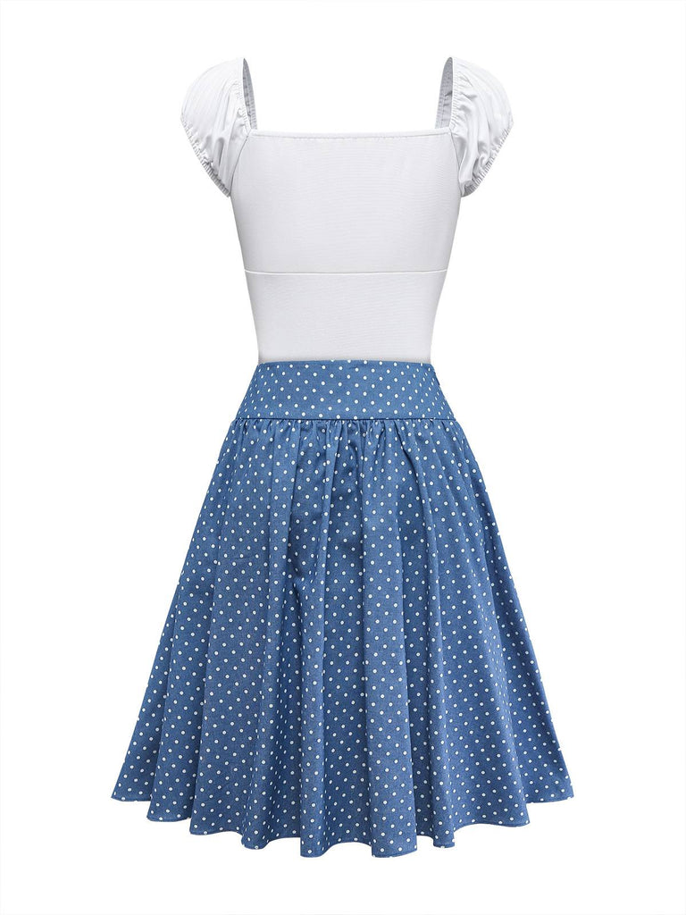 [Pre-Sale] 2PCS White & Blue 1940s Lace Ruched Top & Denim Bow Skirt