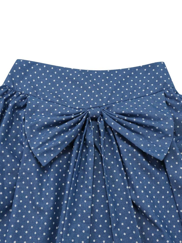 [Pre-Sale] 2PCS White & Blue 1940s Lace Ruched Top & Denim Bow Skirt