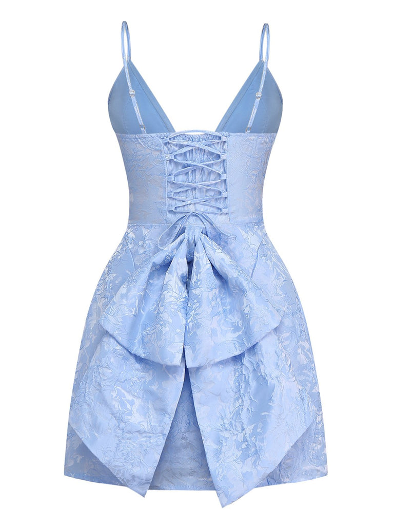 1960s Deep V Floral Lace Bow Strap Dress