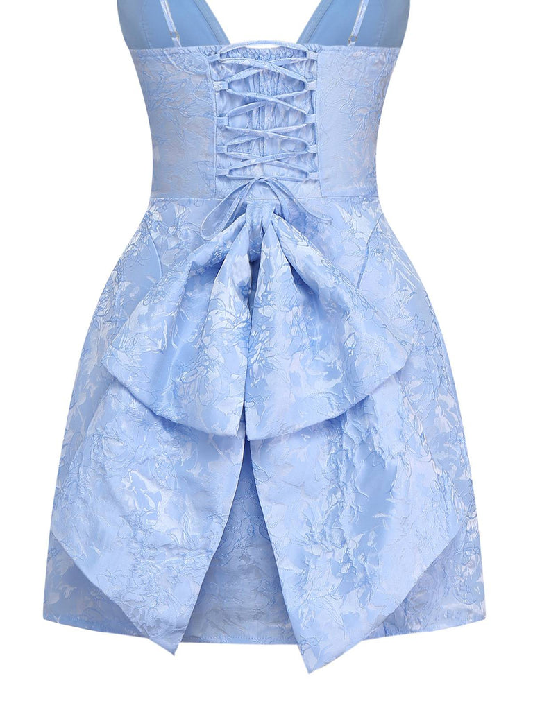 1960s Deep V Floral Lace Bow Strap Dress