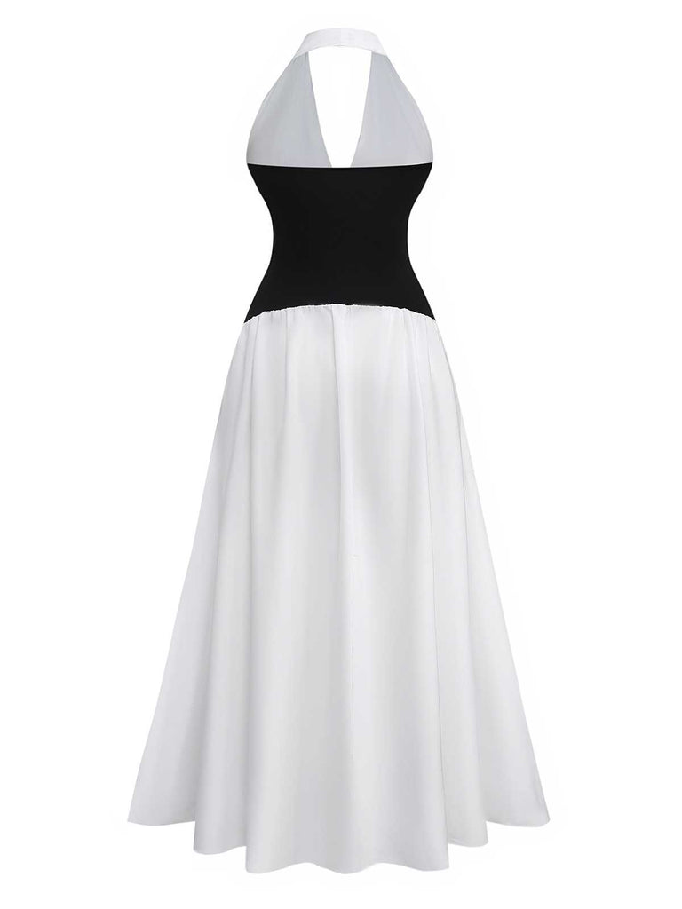 1970s Halter Deep V-Neck Colorblock Maxi Dress