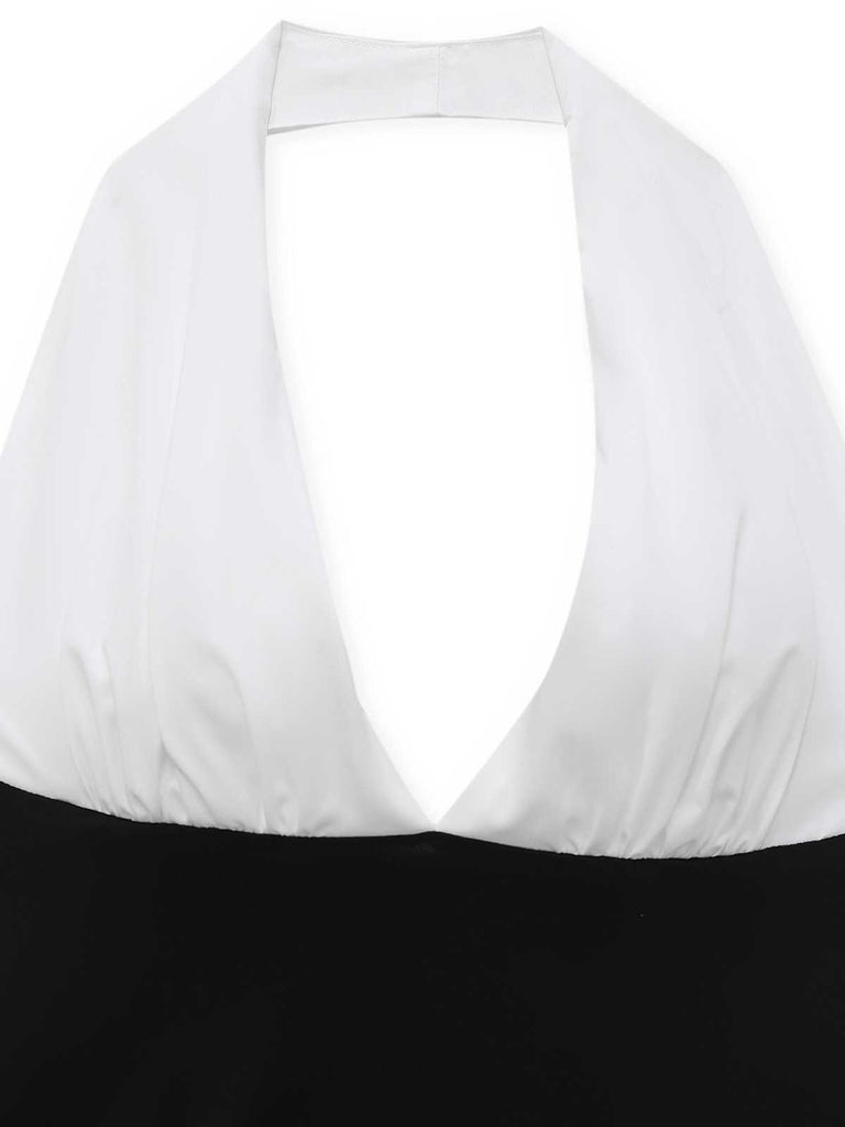 1970s Halter Deep V-Neck Colorblock Maxi Dress