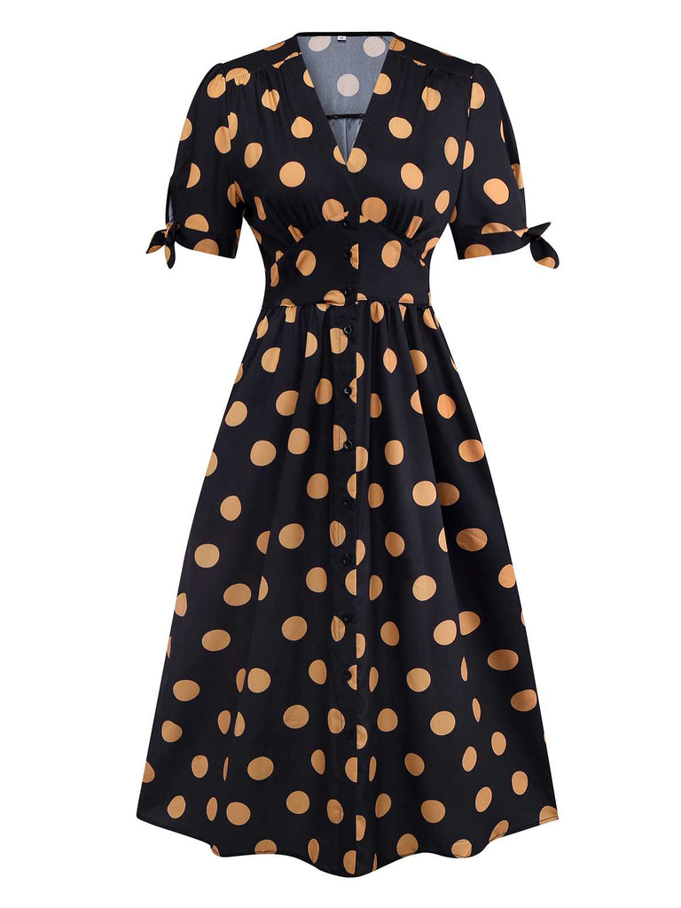 Black 1940s V-Neck Polka Dots Dress