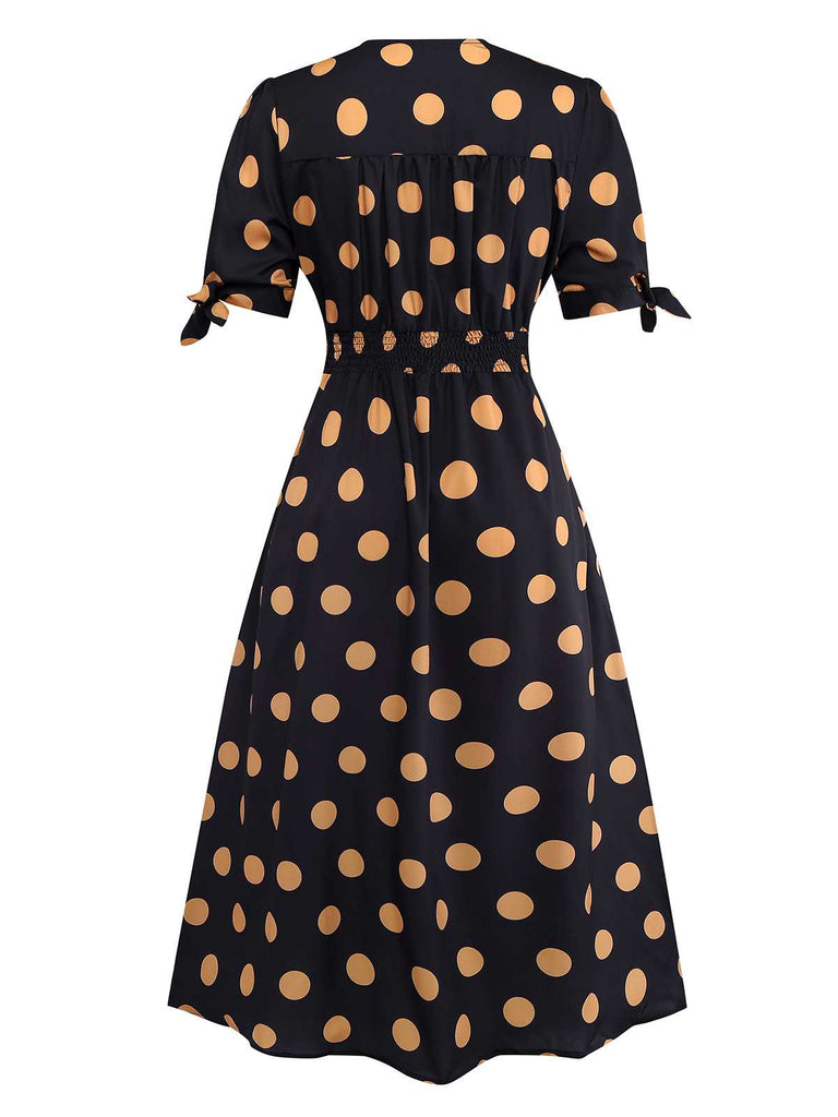 Black 1940s V-Neck Polka Dots Dress