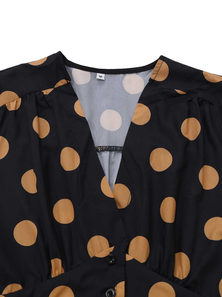 Black 1940s V-Neck Polka Dots Dress