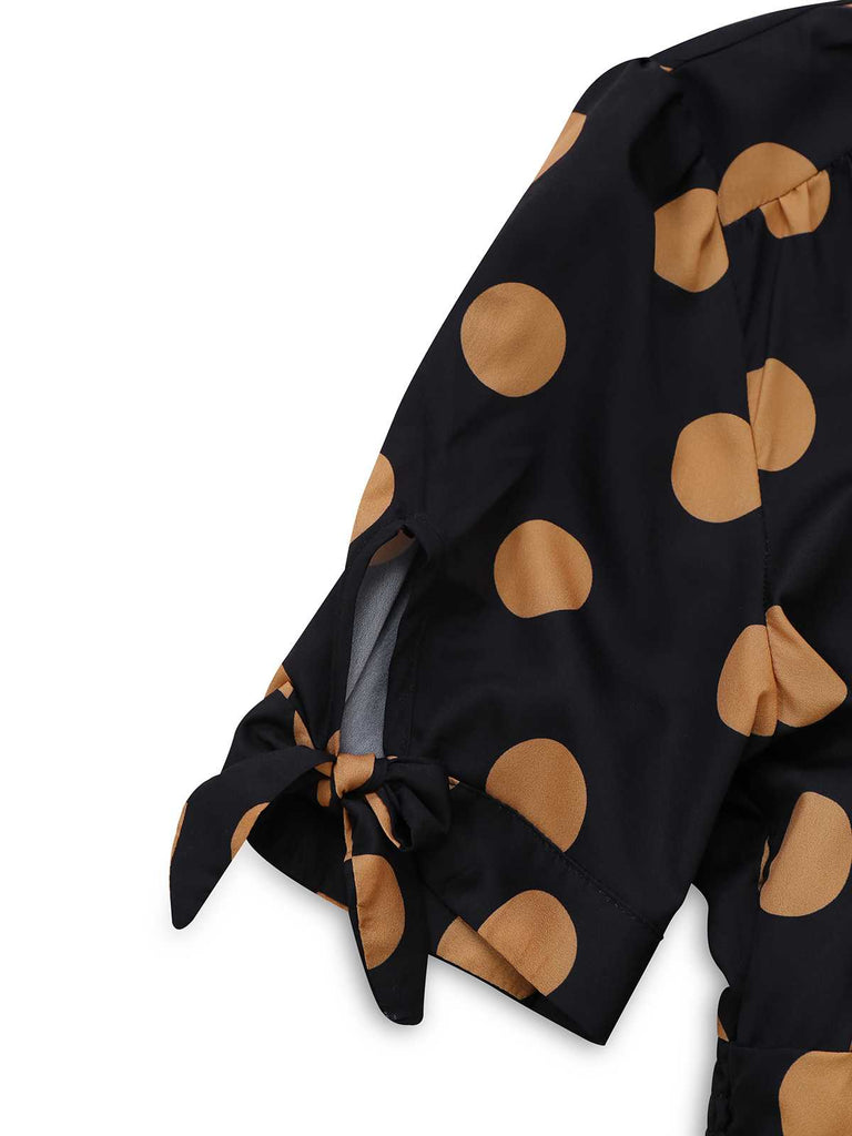 Black 1940s V-Neck Polka Dots Dress