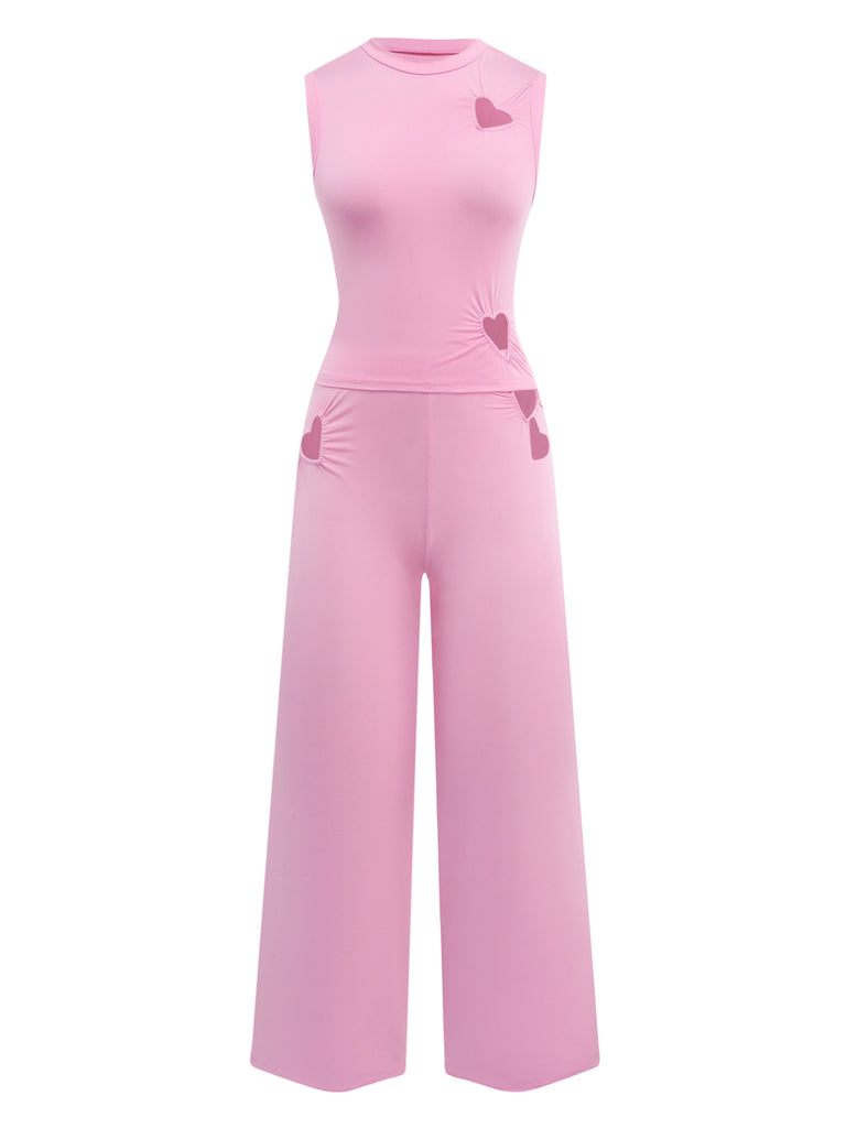 2PCS Pink 1950s Solid Heart Hollow Vest & Pants
