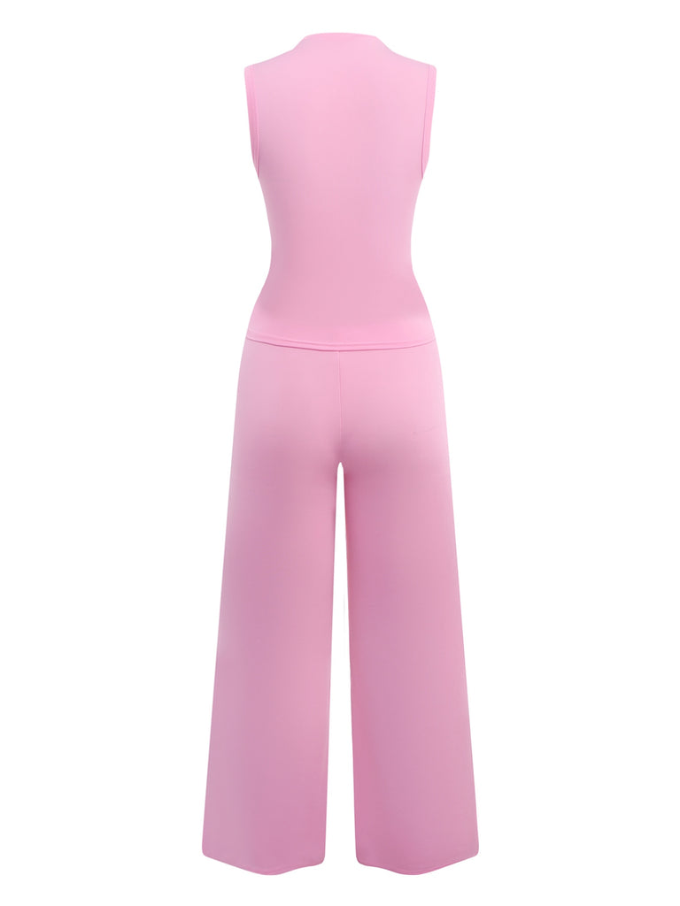 2PCS Pink 1950s Solid Heart Hollow Vest & Pants
