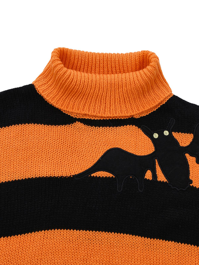 Black & Orange 1950s Halloween Bat Applique Knit Sweater