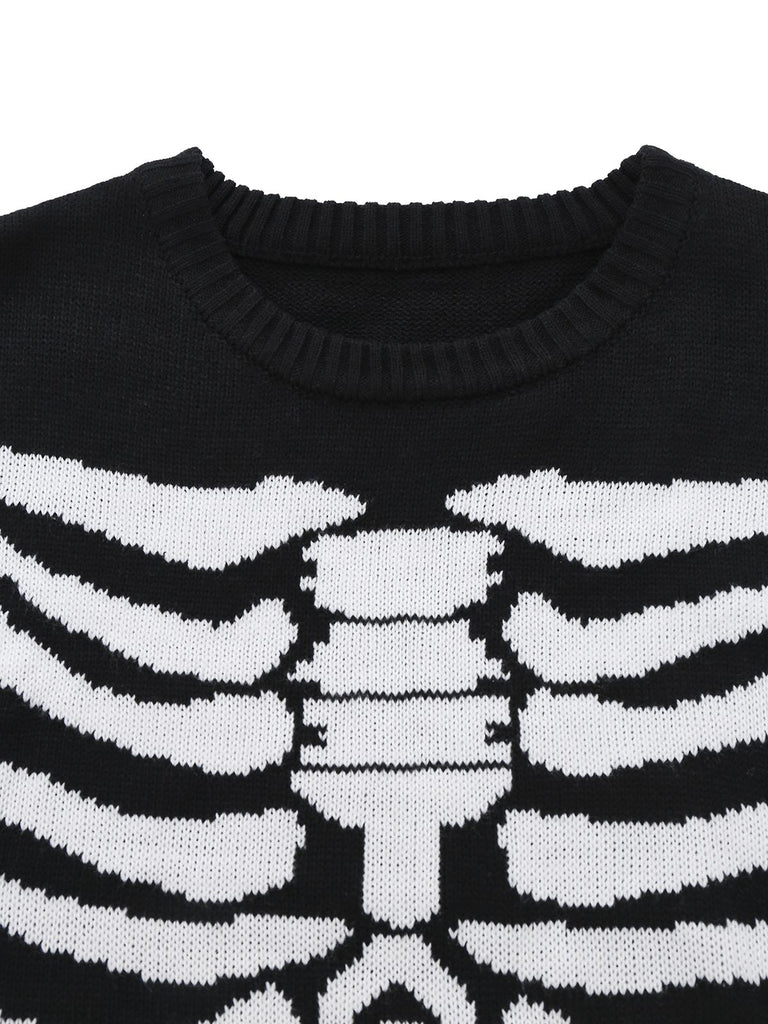 Black 1950s Halloween Skeleton Print Knit Sweater