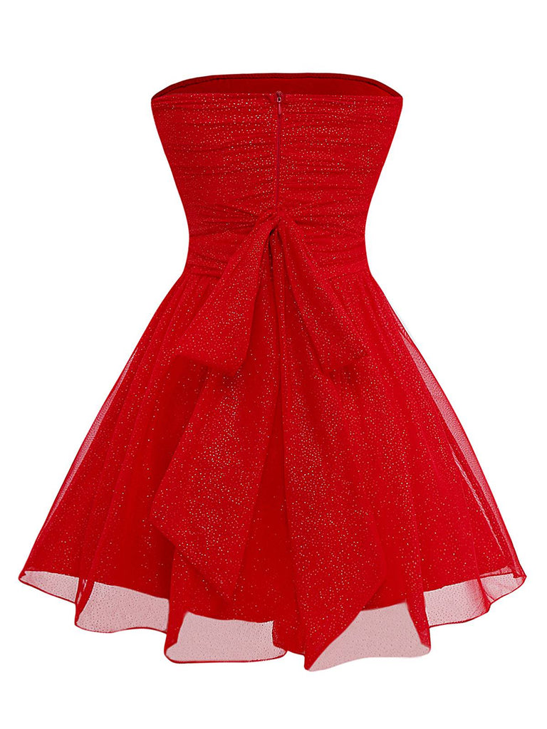 1950s Bandeau Solid Glitter Back Bow Skater Dress