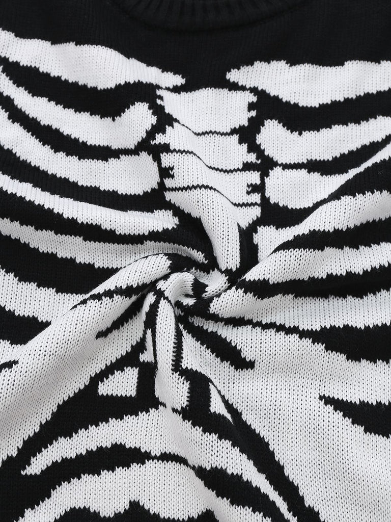 Black 1950s Halloween Skeleton Print Knit Sweater