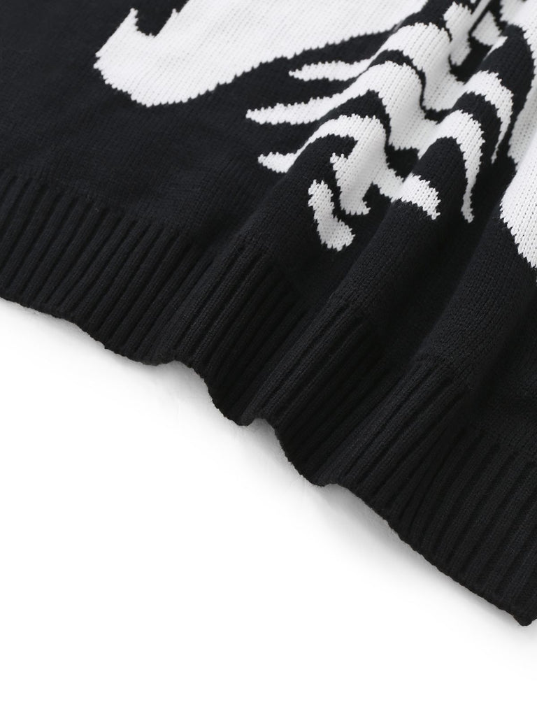 Black 1950s Halloween Skeleton Print Knit Sweater