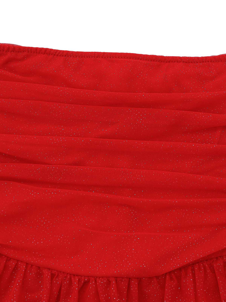 1950s Bandeau Solid Glitter Back Bow Skater Dress