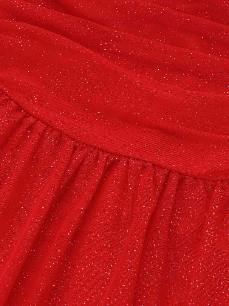1950s Bandeau Solid Glitter Back Bow Skater Dress