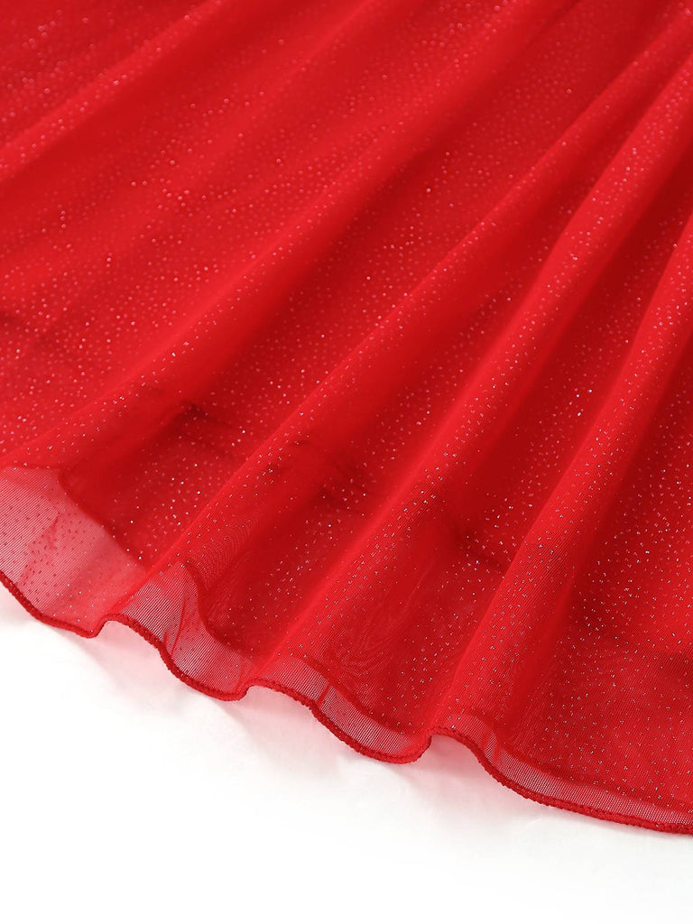 1950s Bandeau Solid Glitter Back Bow Skater Dress