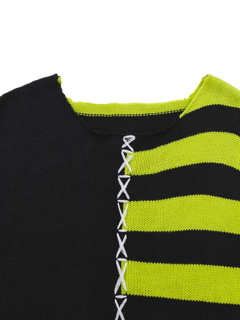 1980s Halloween Lace-Up Striped Distressed Knit Sweater