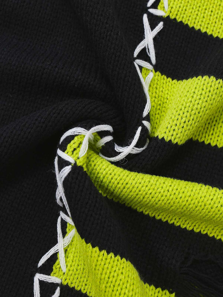 1980s Halloween Lace-Up Striped Distressed Knit Sweater