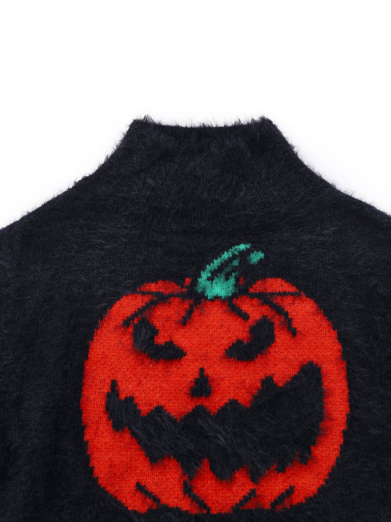 Black 1970s Halloween Pumpkin Faux Mink Sweater