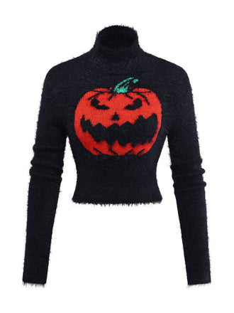 Black 1970s Halloween Pumpkin Faux Mink Sweater