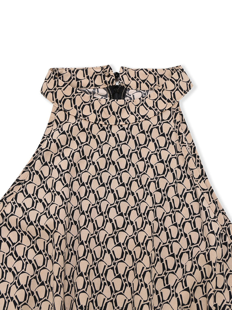 Beige 1930s Geometric Pattern Halter Sleeveless Jumpsuit