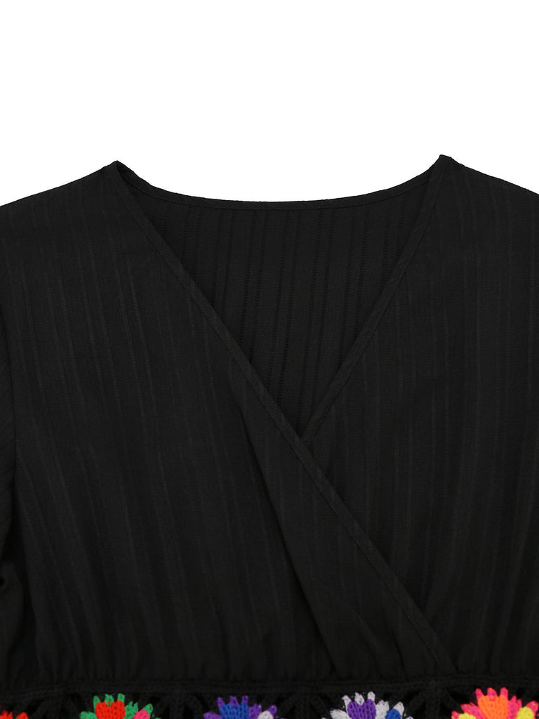 Black 1940s Embroidery Boho V-Neck Dress