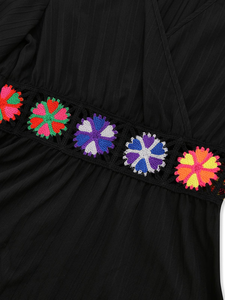 Black 1940s Embroidery Boho V-Neck Dress