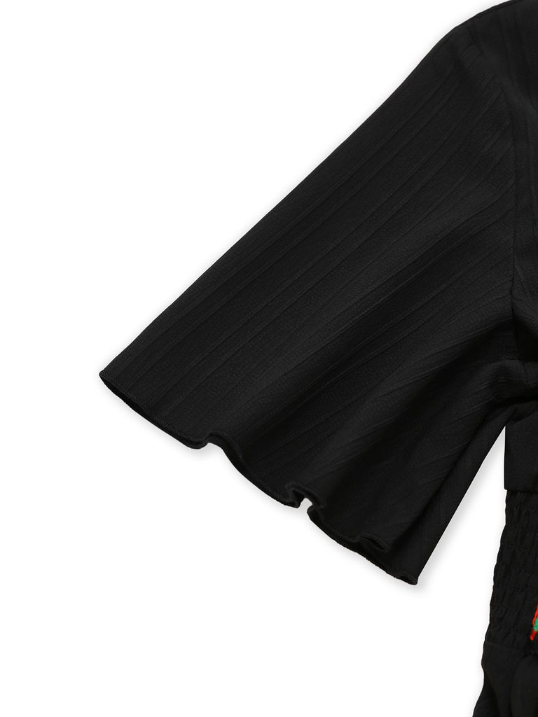 Black 1940s Embroidery Boho V-Neck Dress