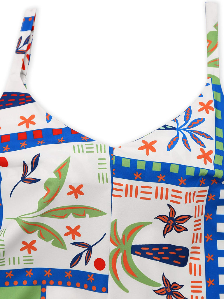 Blue 1930s Beach Print Sleeveless Jumpsuit