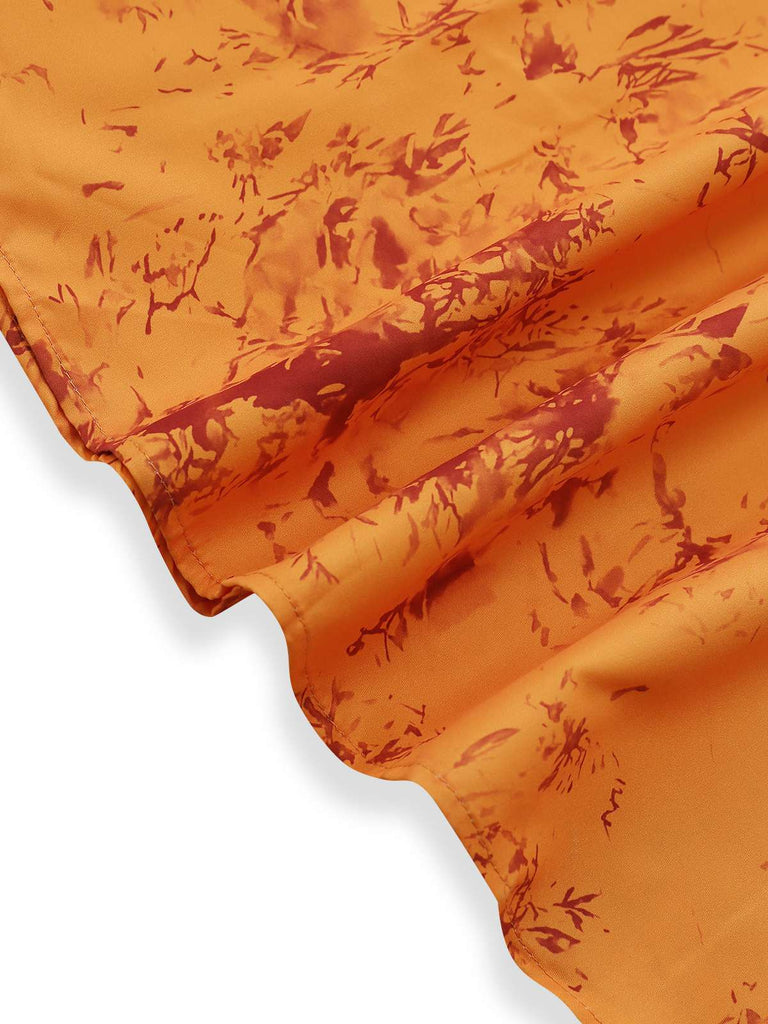 Orange 1930s Cotton Sleeveless Printed Fitted Dress