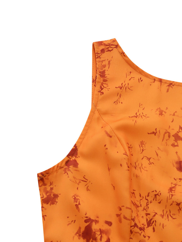 Orange 1930s Cotton Sleeveless Printed Fitted Dress