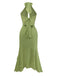 Green 1930s Halter Mesh Backless Chiffon Midi Dress