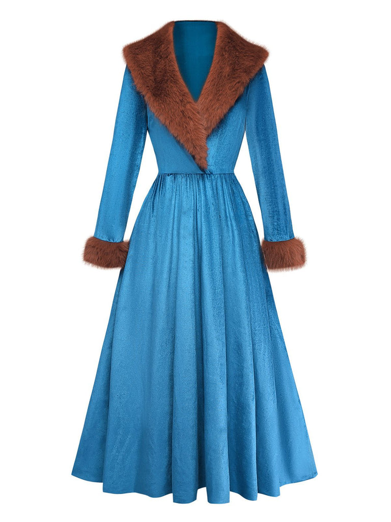 Blue 1980s Fur Collar Patchwork Maxi Dress