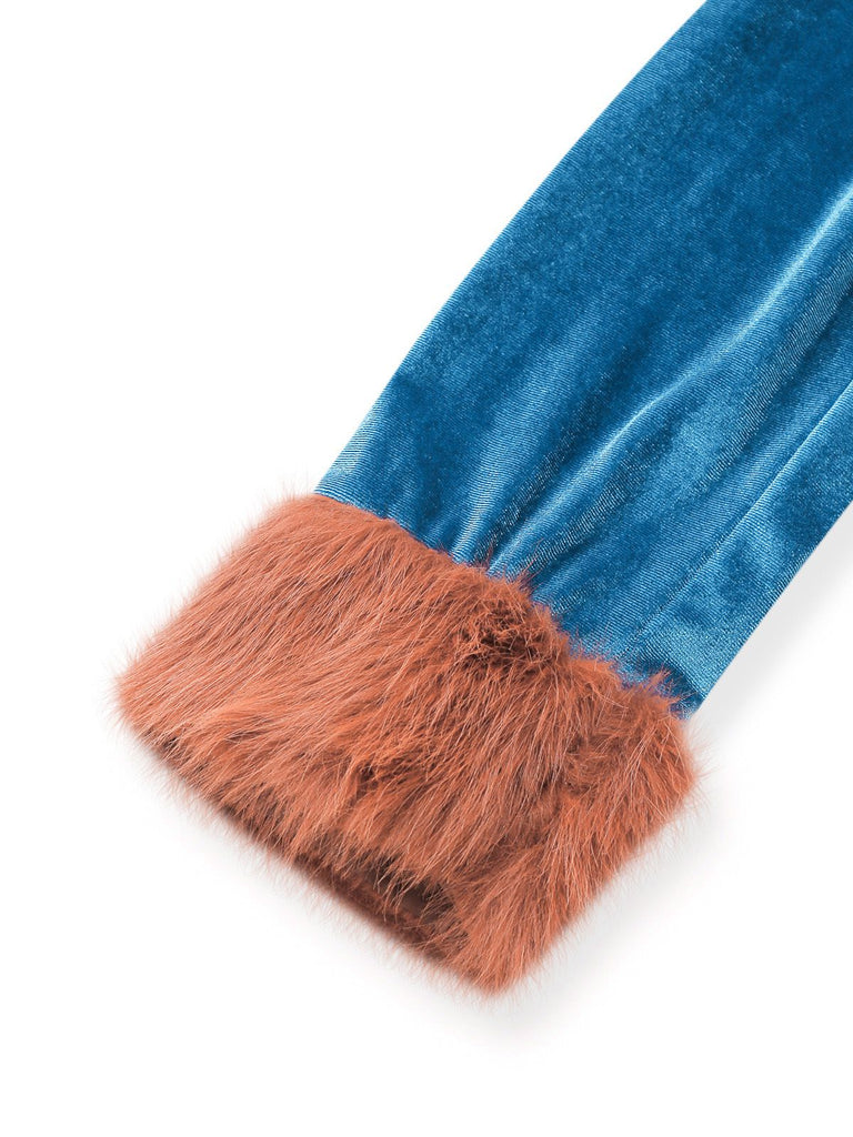 Blue 1980s Fur Collar Patchwork Maxi Dress