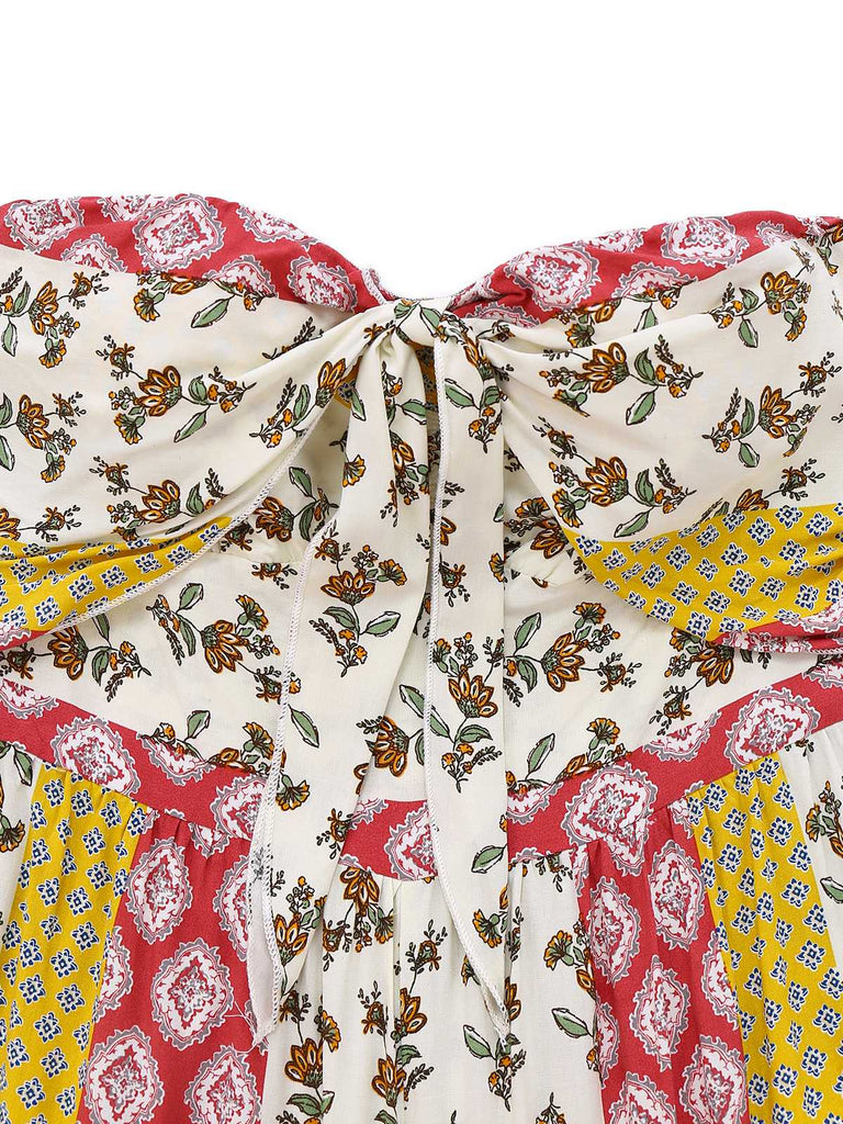 1970s Strapless Floral Geometric Print Boho Jumpsuit