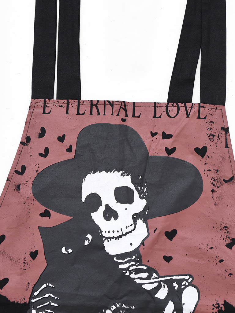 Black 1970s Halloween Gothic Skeleton Print Suspender Jumpsuit