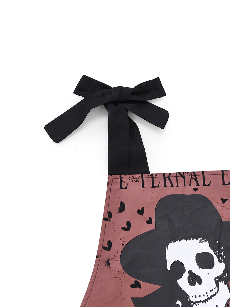 Black 1970s Halloween Gothic Skeleton Print Suspender Jumpsuit