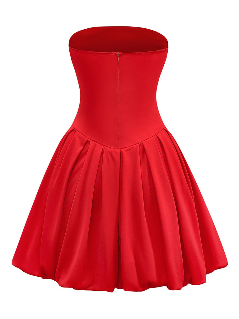 1950s Solid Basque Waist Strapless Bubble Dress