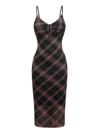Brown 1930s Scottish Plaid Suspender V-Neck Maxi Dress