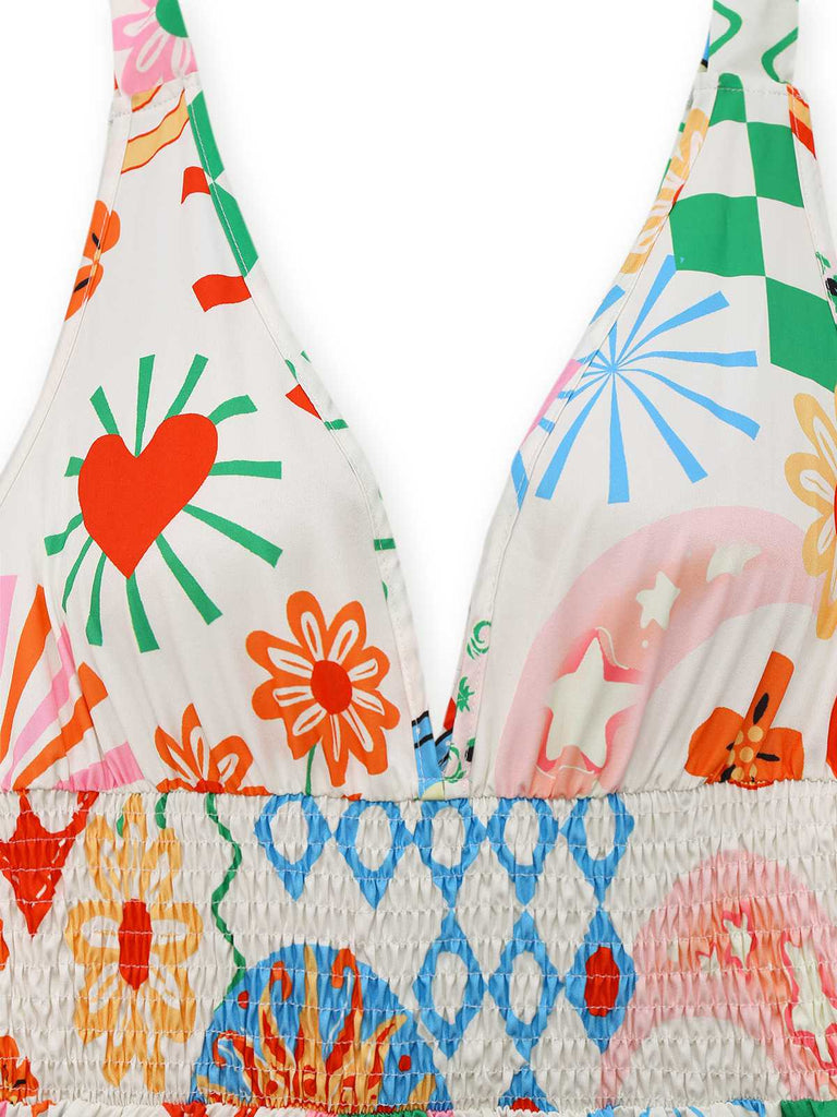 1970s V-Neck Boho Smocked Sleeveless Dress