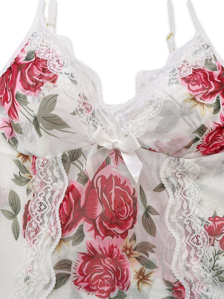 White 1930s Lace Floral Mesh Spaghetti Straps Nightgown